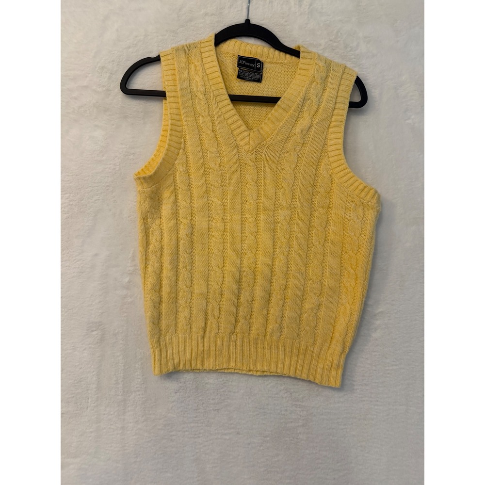 Vintage JCPenney Yellow Cable Knit Sweater Vest Small Mens V-Neck Orlon Acrylic